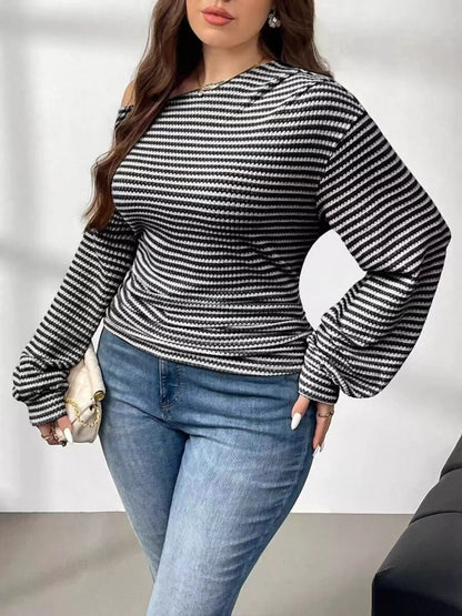 Plus Size Striped One-Shoulder Long Sleeve T-Shirt See size chart under “more details” The Fashion Celestial