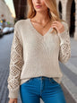 Loose Hollow Knitted Sweater Long-sleeved Pullover V-neck Top Women's Clothing Grayceful LLC