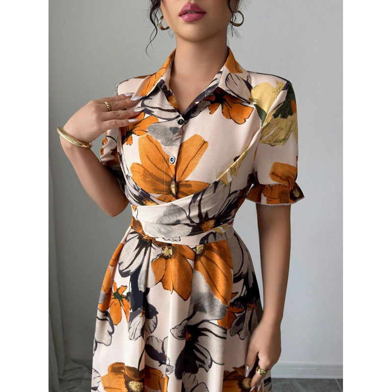Women’s Printed Puff Sleeve Dress – Blouse Collar Cross-Tie Waist Style FitiqueFit