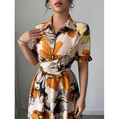 Women’s Printed Puff Sleeve Dress – Blouse Collar Cross-Tie Waist Style FitiqueFit