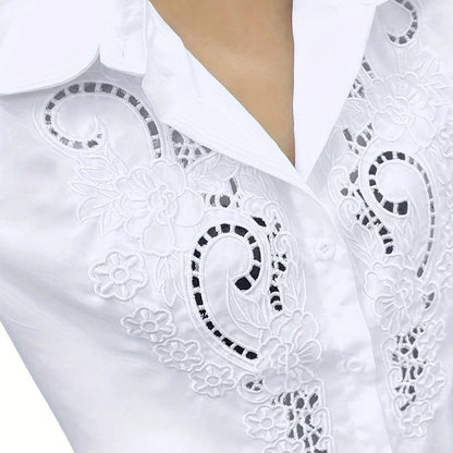 Women’s Contrast Lace Long-Sleeve Button‑Down Blouse FitiqueFit
