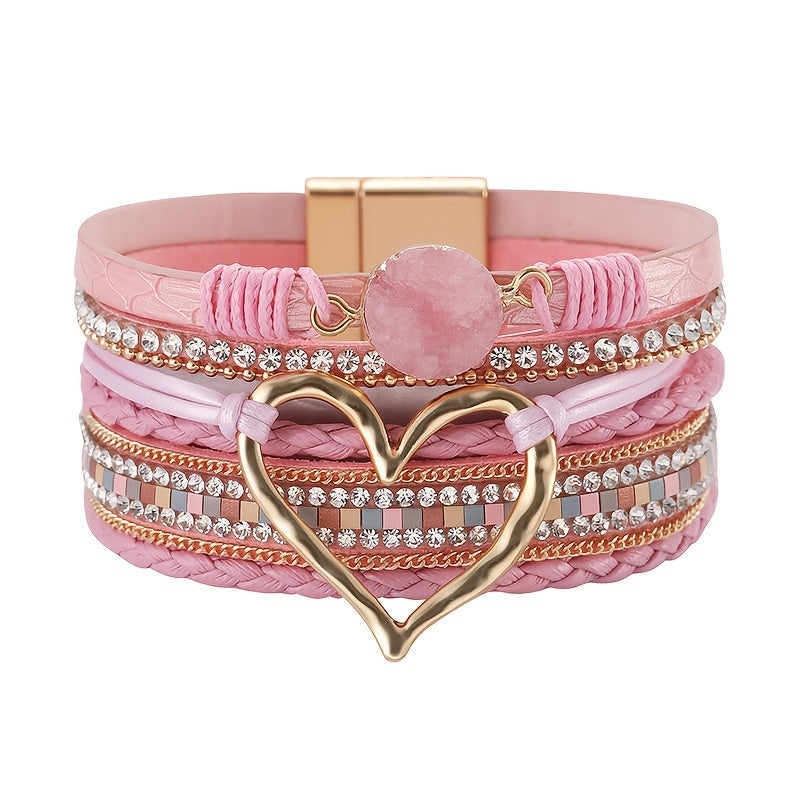[Bohemian Heart Stone Bracelet] Bohemian Multi-Layer PU Leather Bracelet with Magnetic Clasp | Exaggerated Heart Stone Accent, Wide Cuff Statement Piece for Festival & Everyday, Style Layered Bangle - Year-Round Wear NovaCart