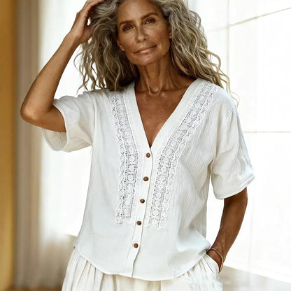 Women's Loose-Fit Faux Linen Embroidered Button-Up Top FitiqueFit