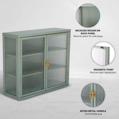 Retro Style Haze Double Glass Door Wall Cabinet With Detachable Shelves for Office Dining Room Living Room Kitchen