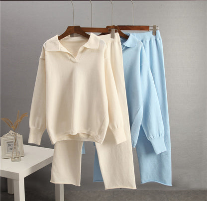 Solid Color Lapel Sweater Set for Women FitiqueFit