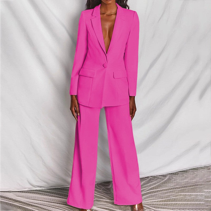 Lapel Button-Down Blazer & Straight-Leg Trousers Suit FitiqueFit