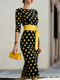 Women's Retro Polka-Dot Bodycon Midi Dress – Belted Cross-Tie FitiqueFit