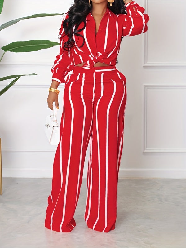 Women's Striped Print Two-piece Set - Button Front Collar Long Sleeve Shirt & High Waist Wide Leg Loose Pants Set - Casual Style - For Women - Perfect for Everyday Wear & Loungewear - Great Gift for Fashionable Women NovaCart