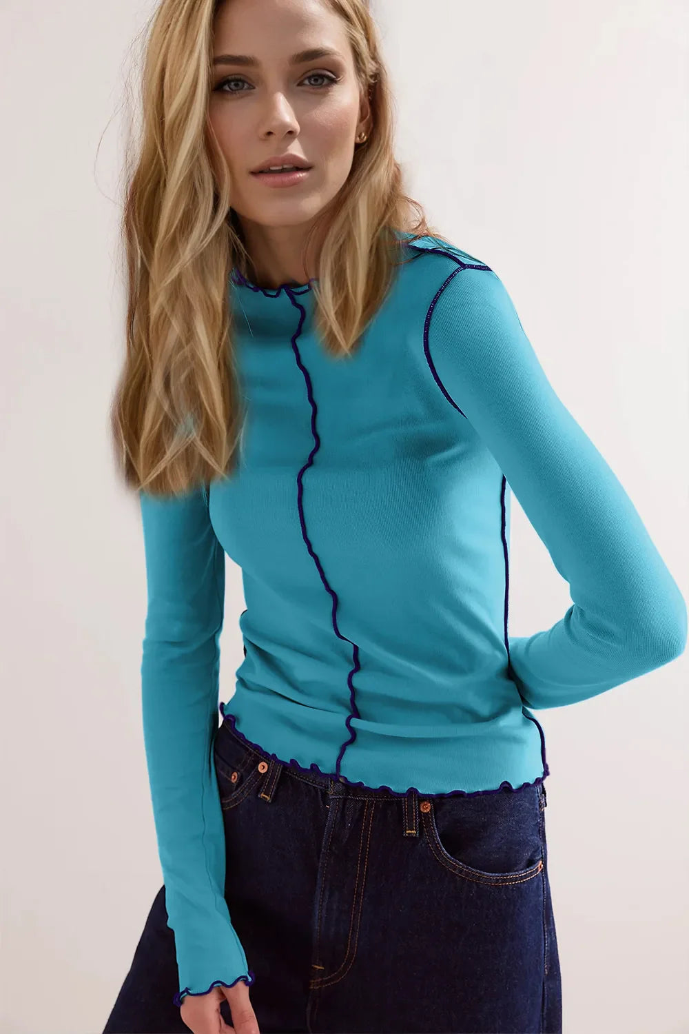 Basic Bae Contrast Trim Mock Neck Long Sleeve T-Shirt New Era Fashion LLc