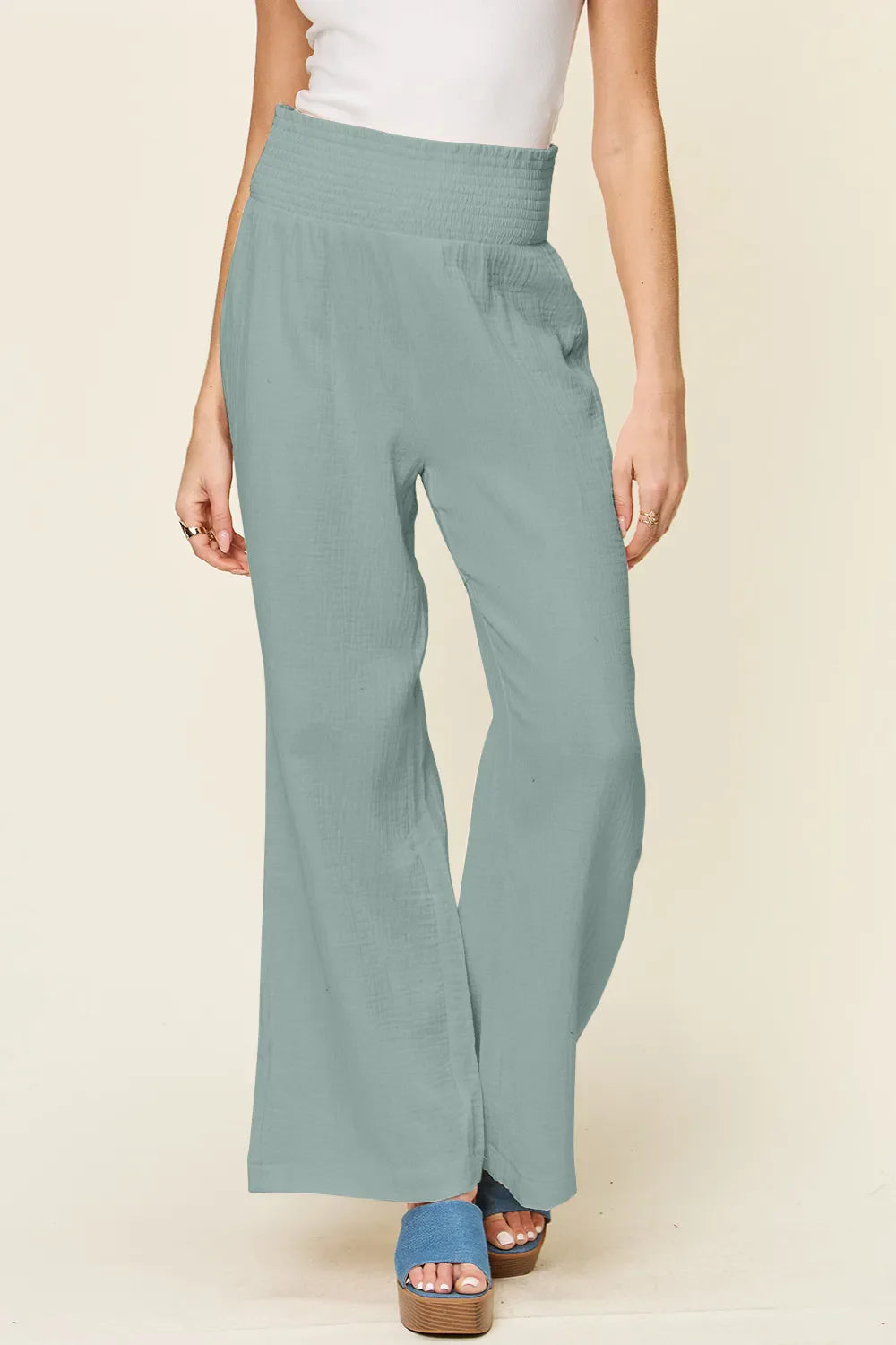 Double Take Full Size Texture Smocked Waist Wide Leg Pants New Era Fashion LLc