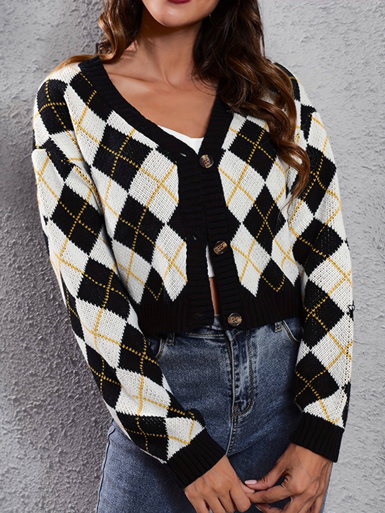 Women'S Elegant Tartan Knit Cardigan, V-Neck Short Length Sweater with Button Detail, Acrylic 100% Long Sleeve Knitwear for Fall/Winter NovaCart