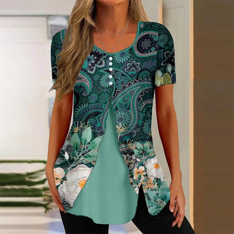 Women’s Printed Faux Two-Piece V-Neck Short Sleeve Top FitiqueFit