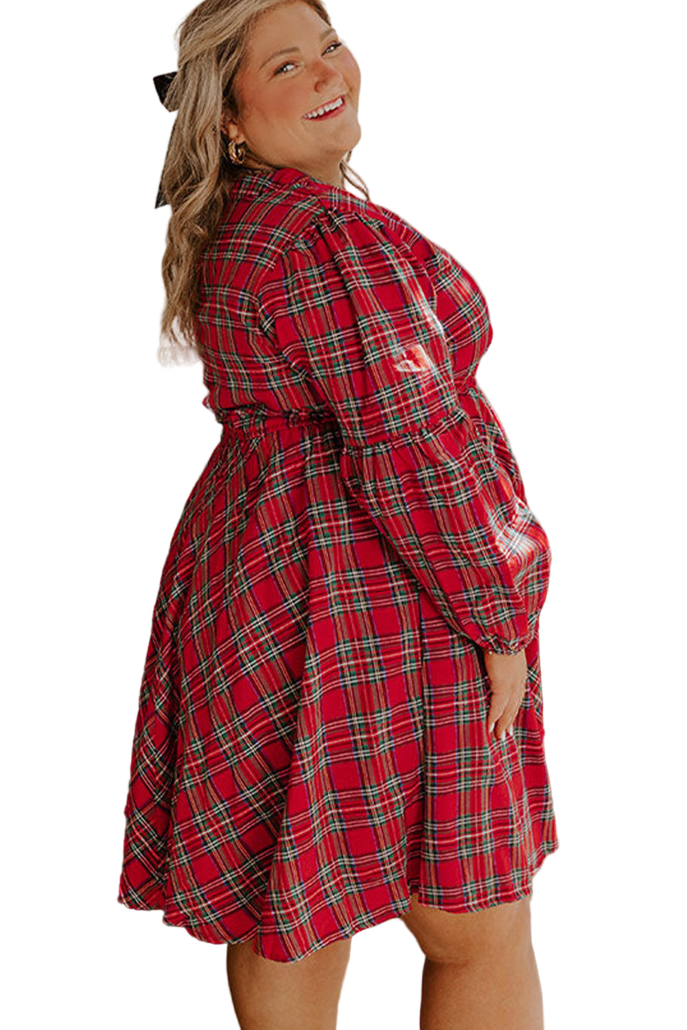 Red Plus Size Plaid Half Button Long Sleeve Holiday Dress Garden Naked Curves