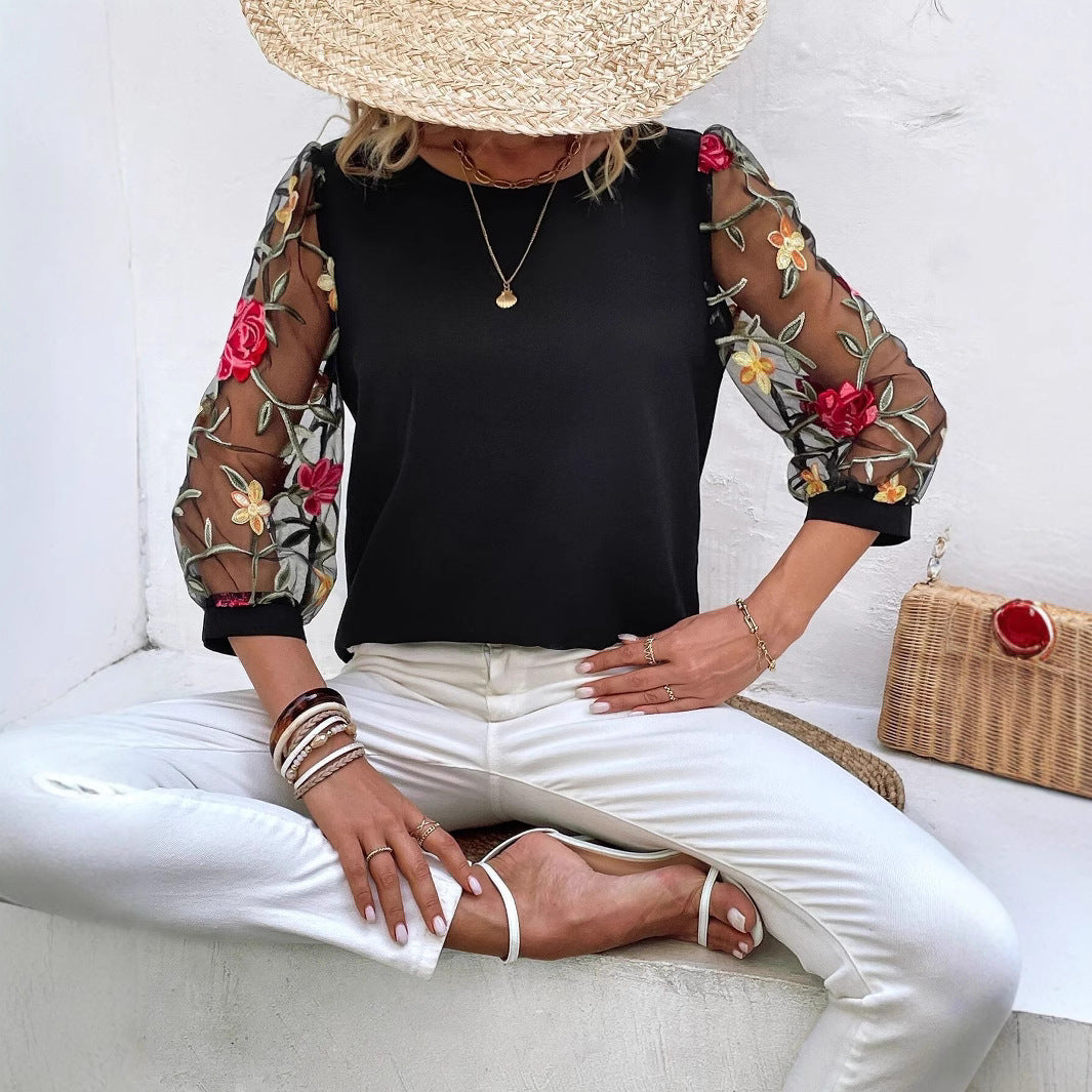 Women's Mesh Patchwork Three-Quarter Sleeve Top – Casual Chic FitiqueFit