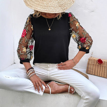 Women's Mesh Patchwork Three-Quarter Sleeve Top – Casual Chic FitiqueFit