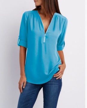 Women's Short-Sleeve Zip V-Neck Loose Top FitiqueFit