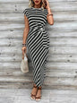 Elegant Waist Strap Striped Round Neck Short Sleeve And Long Pattern Dress Grayceful LLC