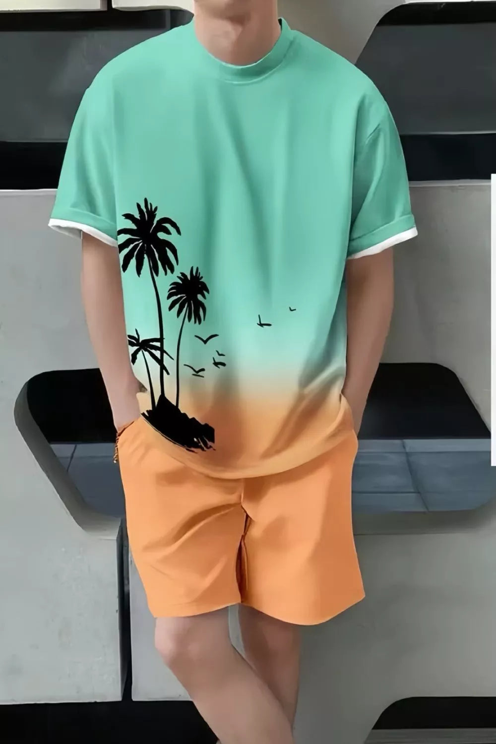 Men's Full Size Tropical Print Casual Tee and Shorts Set Plus Size New Era Fashion LLc