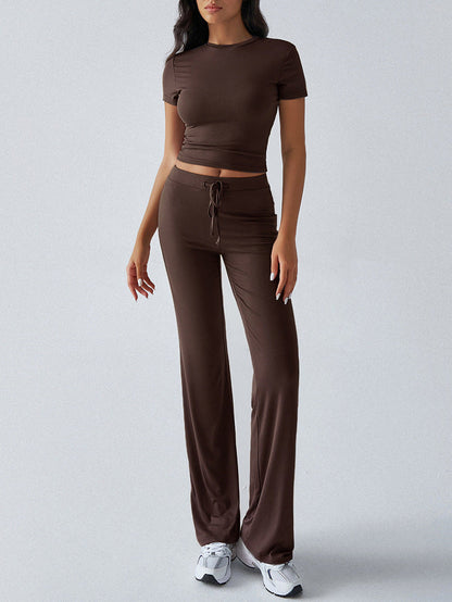 Crew Neck Short Sleeve Top & Full-Length Pants Set – Solid Color, 10 Colors FitiqueFit