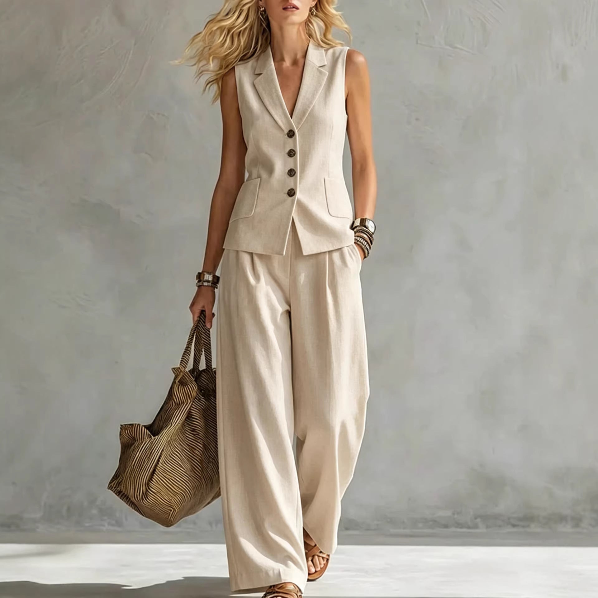 Women's Solid Linen Sleeveless Tank Top & Full-Length Pants Set FitiqueFit