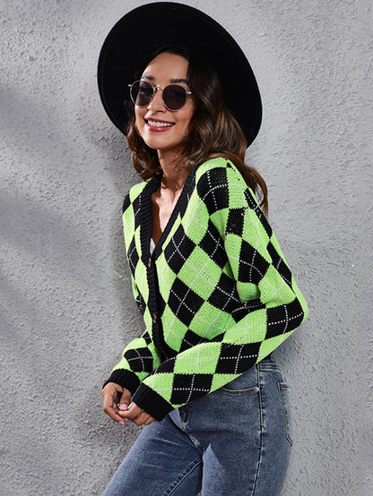 Women'S Elegant Tartan Knit Cardigan, V-Neck Short Length Sweater with Button Detail, Acrylic 100% Long Sleeve Knitwear for Fall/Winter NovaCart