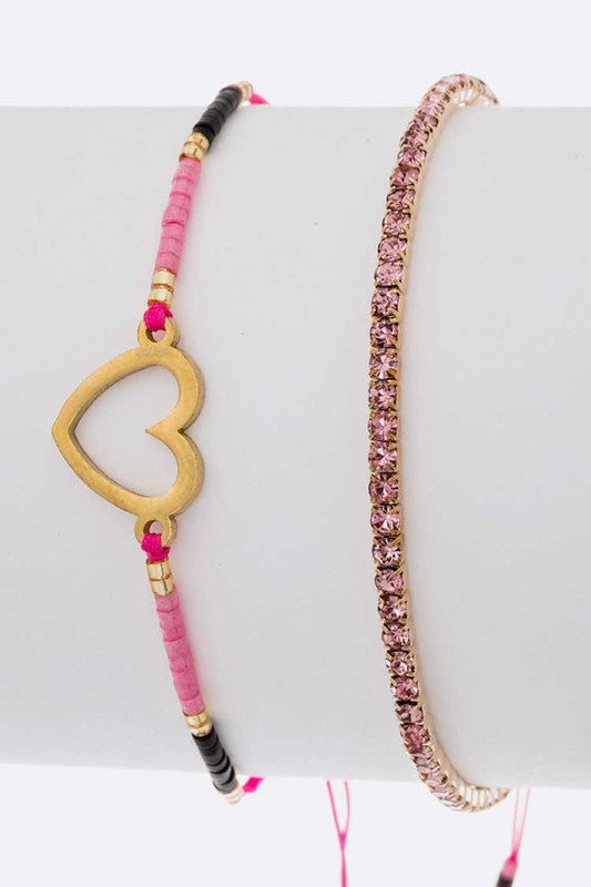 Heart Charm Rhinestone 2 In 1 Bracelet Set Shop Style & More | Fresh Looks, Everyday Deals & Free Shipping