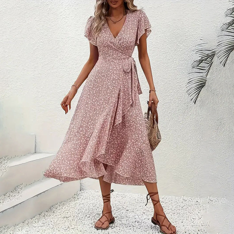 Summer Floral Boho Dress - Short Sleeve Ruffle Flowy Maxi Dresses FitiqueFit