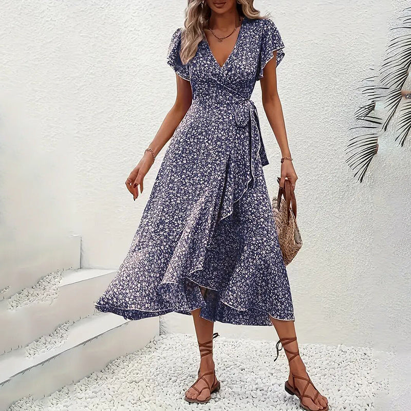 Summer Floral Boho Dress - Short Sleeve Ruffle Flowy Maxi Dresses FitiqueFit