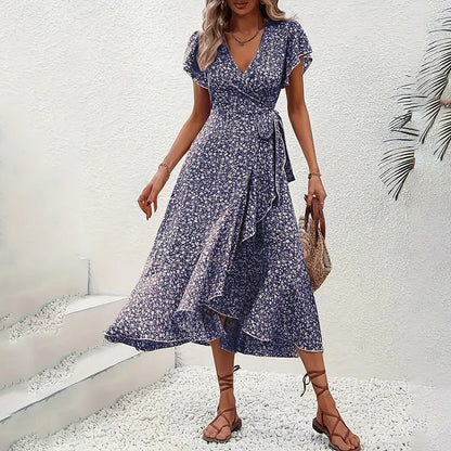 Summer Floral Boho Dress - Short Sleeve Ruffle Flowy Maxi Dresses FitiqueFit