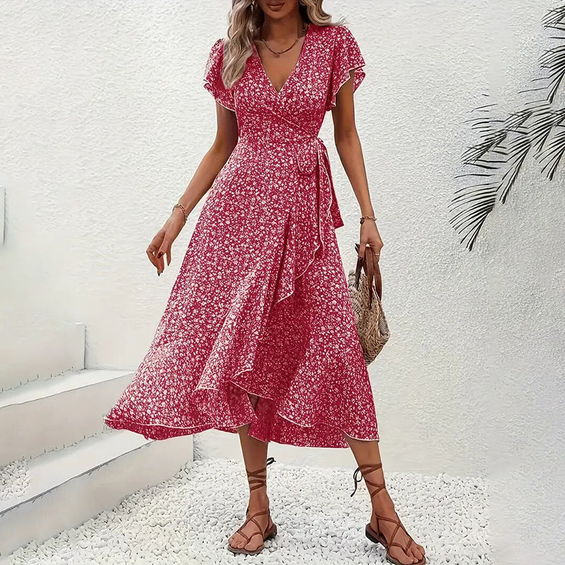 Summer Floral Boho Dress - Short Sleeve Ruffle Flowy Maxi Dresses FitiqueFit