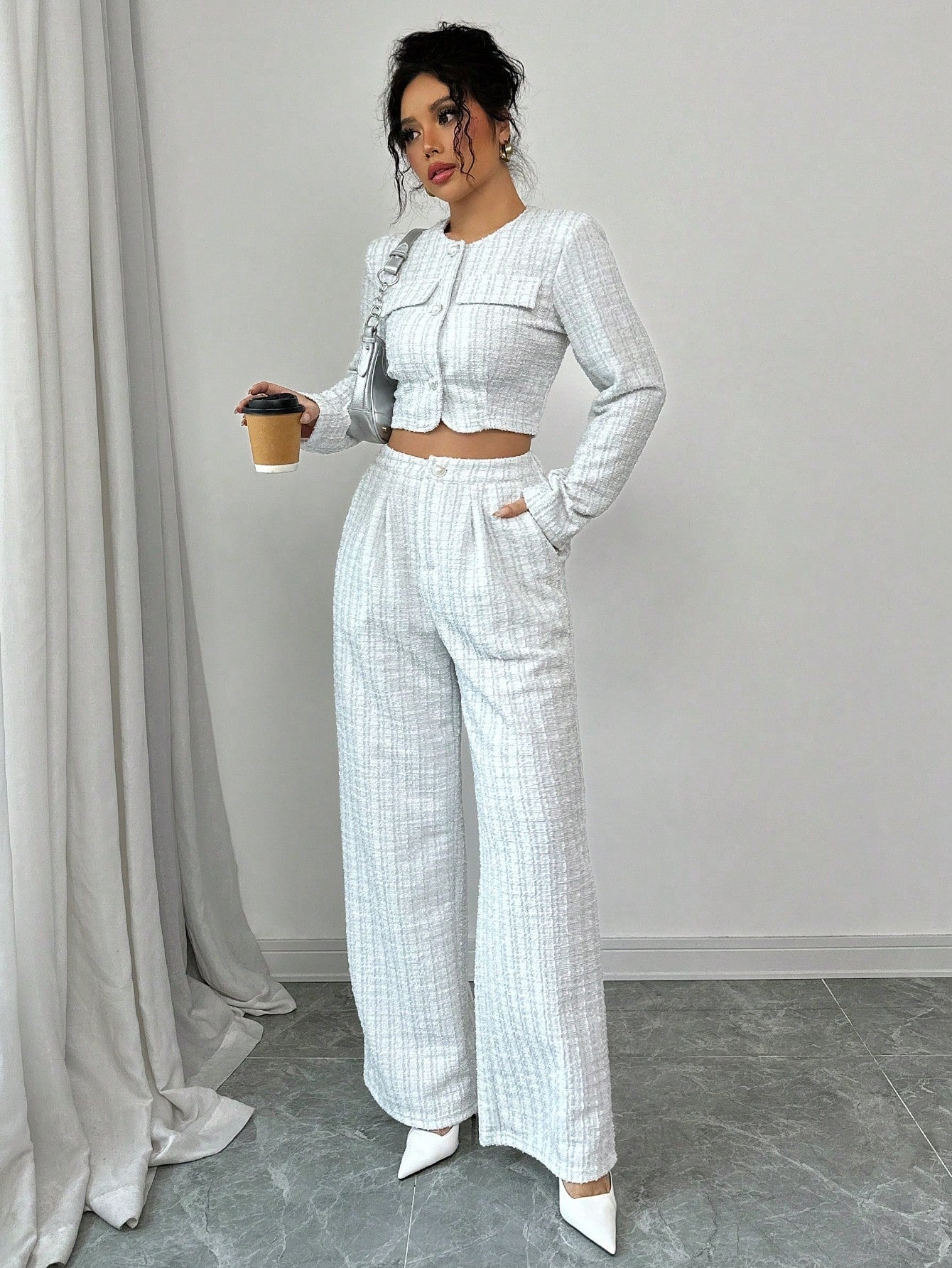 Women’s Tweed Pearl-Button Jacket & Pants Set FitiqueFit