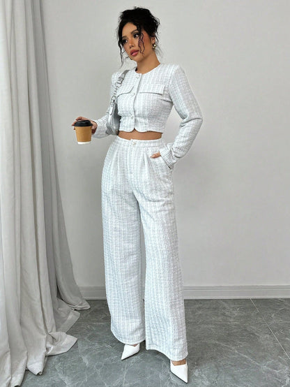 Women’s Tweed Pearl-Button Jacket & Pants Set FitiqueFit