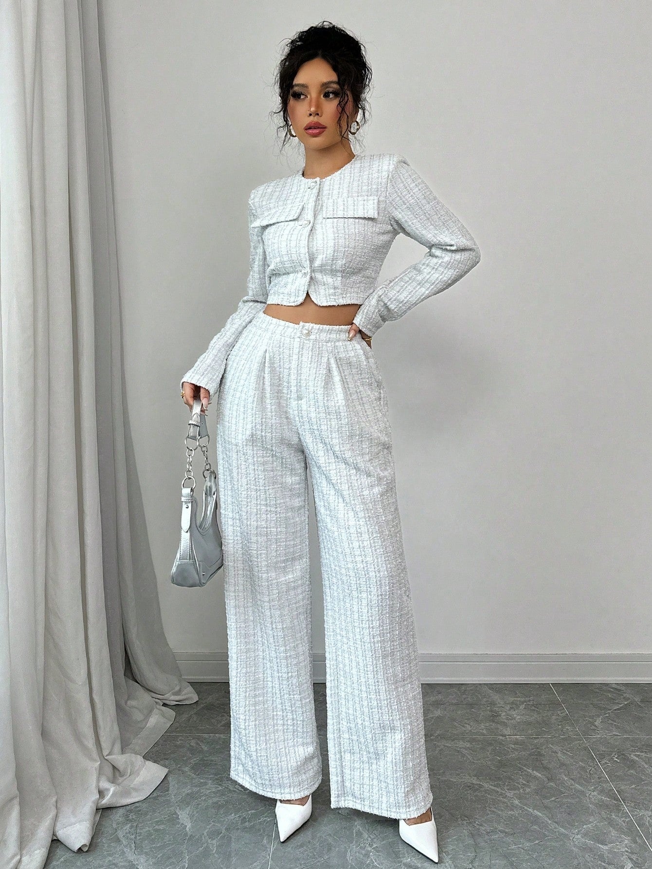 Women’s Tweed Pearl-Button Jacket & Pants Set FitiqueFit