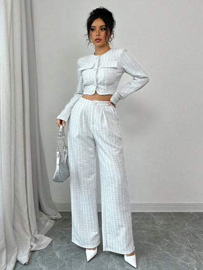 Women’s Tweed Pearl-Button Jacket & Pants Set FitiqueFit
