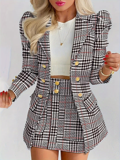 Plus Size Plaid Skirt Suit for Women – Two-Piece Blazer and High Waist Skirt Set FitiqueFit