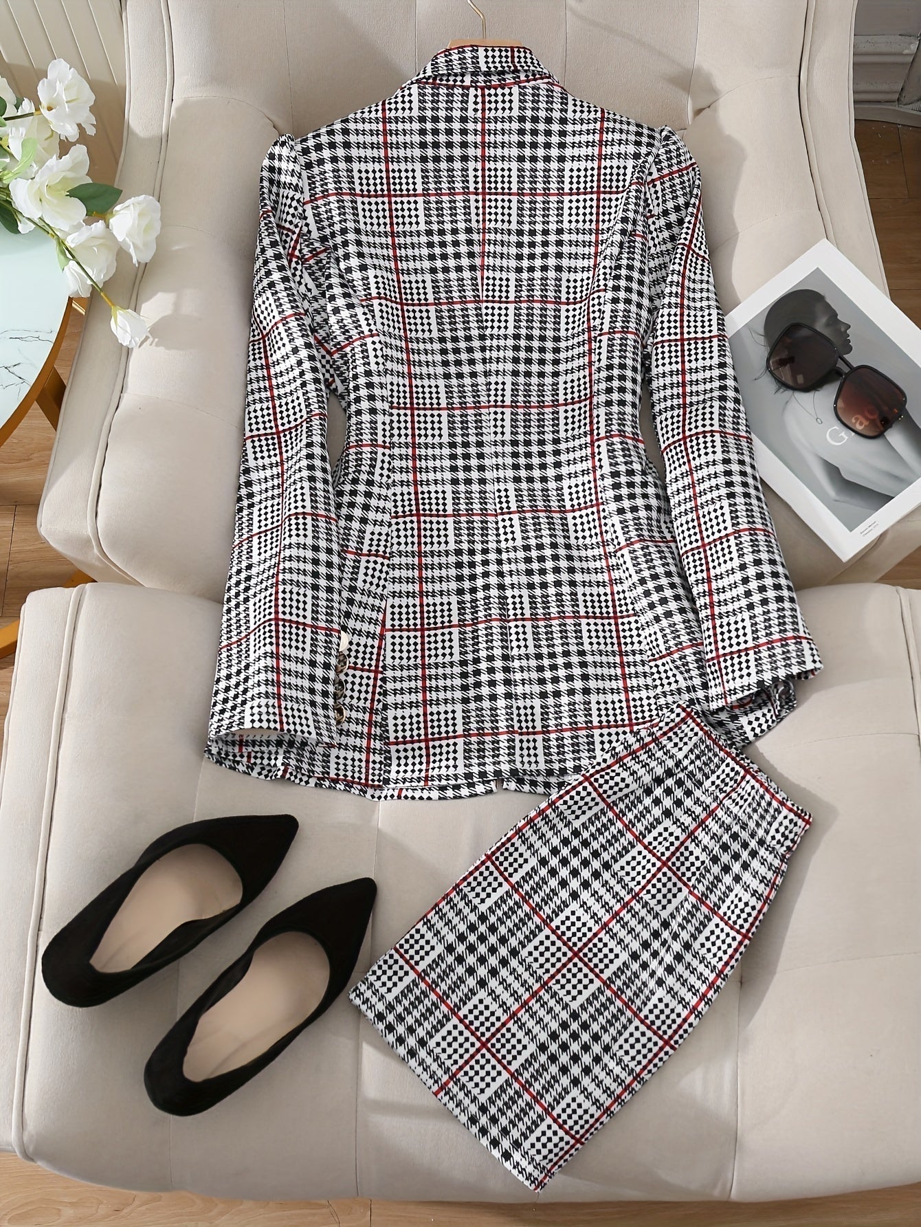 Plus Size Plaid Skirt Suit for Women – Two-Piece Blazer and High Waist Skirt Set FitiqueFit