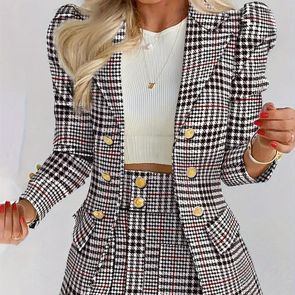 Plus Size Plaid Skirt Suit for Women – Two-Piece Blazer and High Waist Skirt Set FitiqueFit