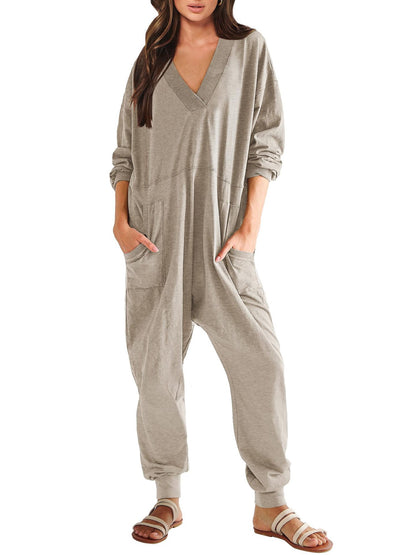 Women’s V-Neck Long Sleeve Solid Color Loose Jumpsuit With Two Side Pockets FitiqueFit