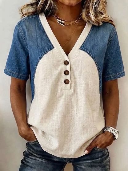 Women's Loose Denim Patchwork Color-Block T-Shirt FitiqueFit