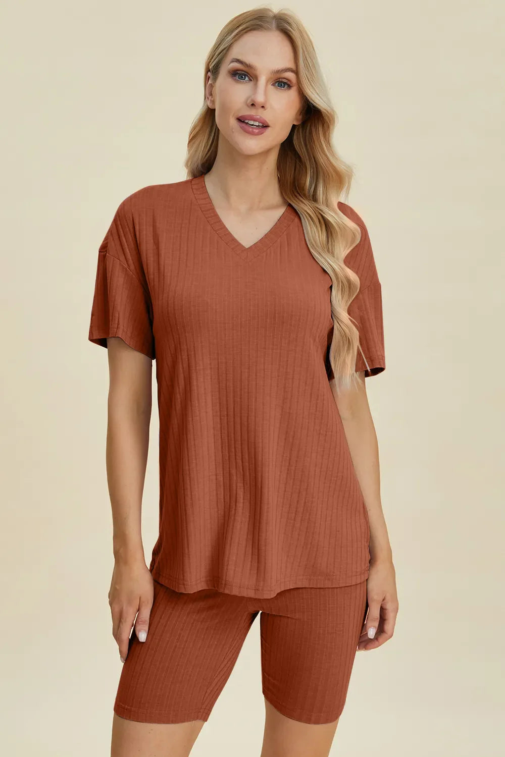 Basic Bae Full Size Ribbed V-Neck Short Sleeve Top and Shorts Set New Era Fashion LLc