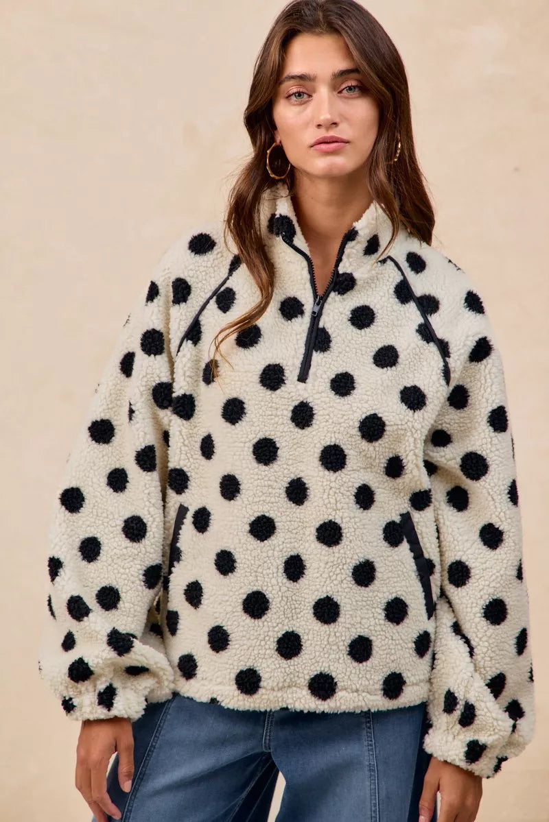 BiBi Polka Dot Sherpa Half Zip Up Top with Side Pocket FitiqueFit