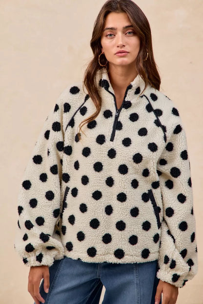 BiBi Polka Dot Sherpa Half Zip Up Top with Side Pocket FitiqueFit