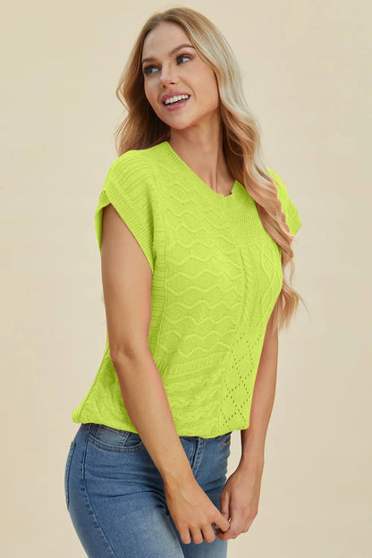 Double Take Full Size Cable-Knit Round Neck Cap Sleeve Sweater New Era Fashion LLc
