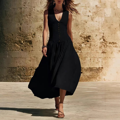 Sleeveless V-Neck Button Dress – Elegant Cotton-Linen Maxi Dress FitiqueFit