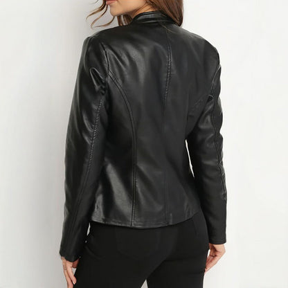 Women's Solid Color Long Sleeve Stand Collar Faux Leather Blazer FitiqueFit