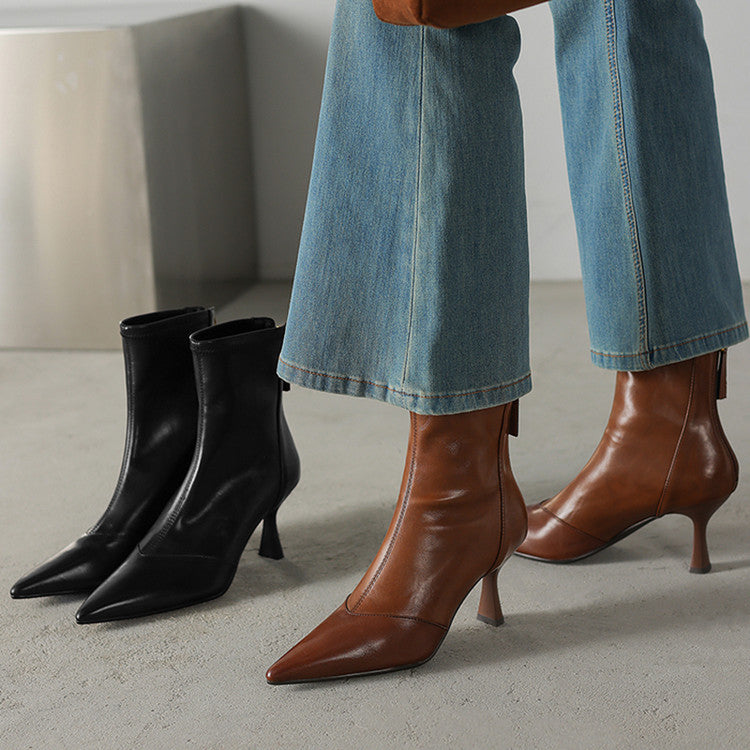 Women’s Cowhide Pointed Toe Stiletto Ankle Boots – Back Zipper High Heel Booties FitiqueFit