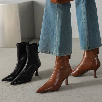 Women’s Cowhide Pointed Toe Stiletto Ankle Boots – Back Zipper High Heel Booties FitiqueFit