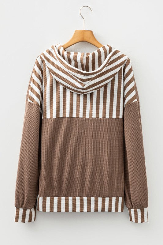 Stripe Patchwork Waffle Knit Buttoned Hoodie Shop Style & More | Fresh Looks, Everyday Deals & Free Shipping