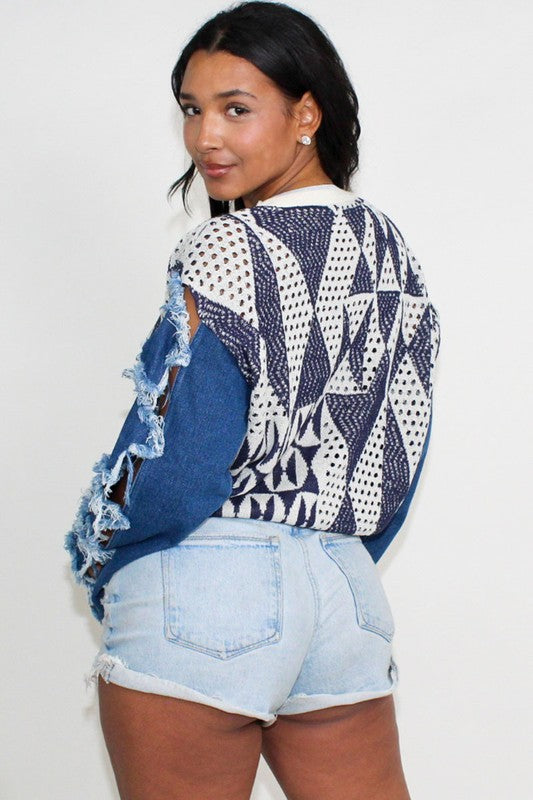 ATHINA STAR SLEEVE KNIT DENIM CONTRAST TOP Shop Style & More | Fresh Looks, Everyday Deals & Free Shipping
