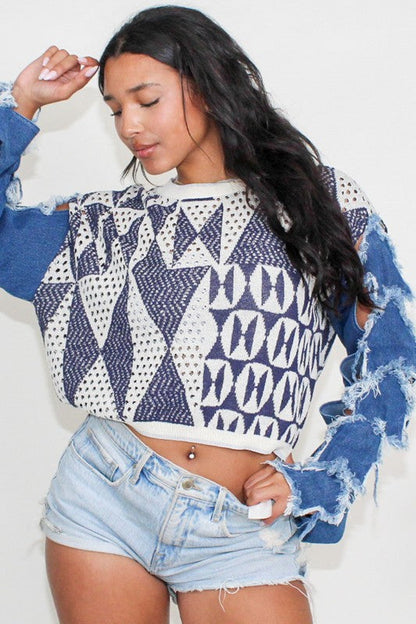 ATHINA STAR SLEEVE KNIT DENIM CONTRAST TOP Shop Style & More | Fresh Looks, Everyday Deals & Free Shipping